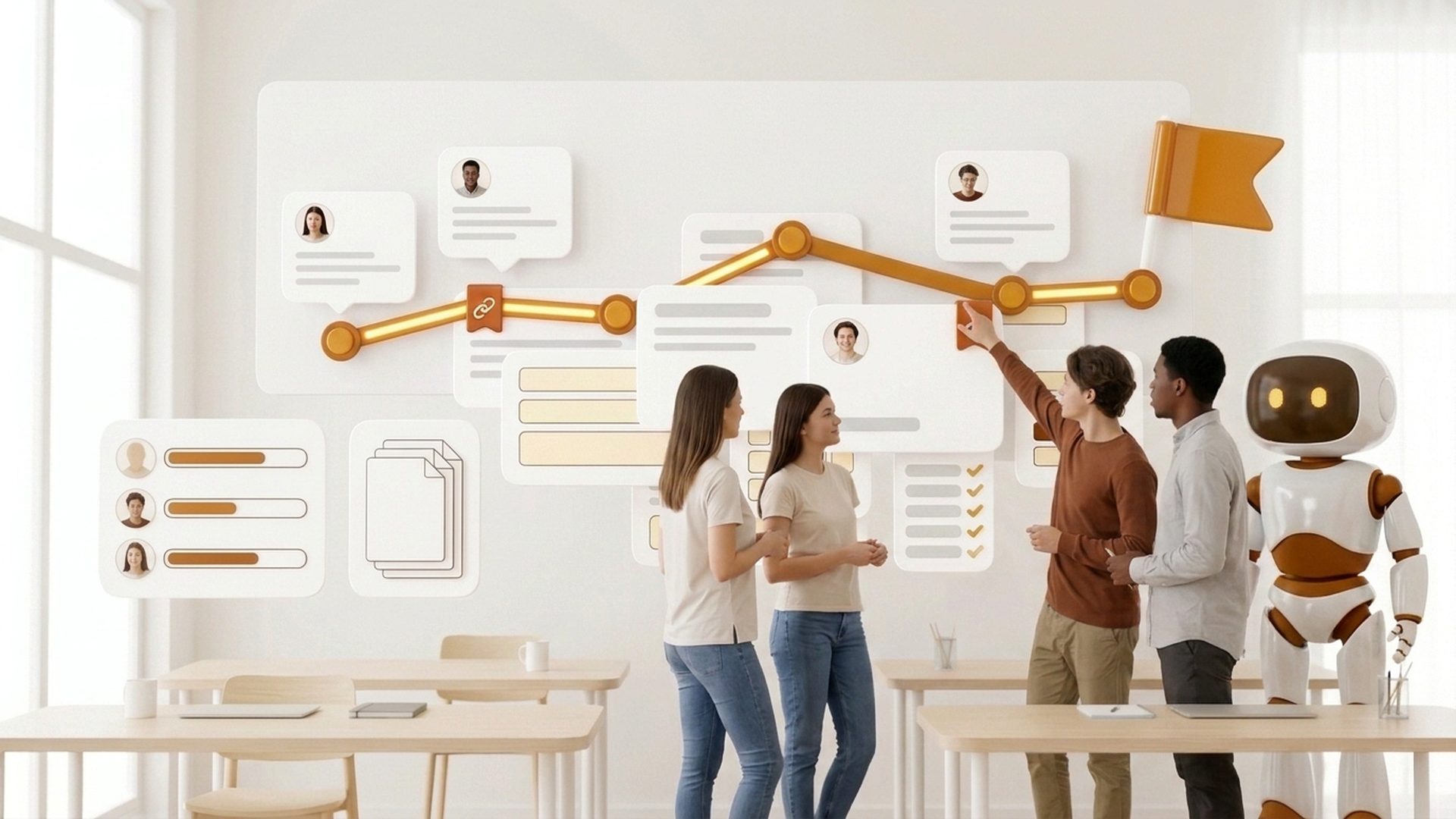 A team standing together at a wall board showing one connected milestone path with an owner on each step and a flag at the end, the Guru mascot beside it